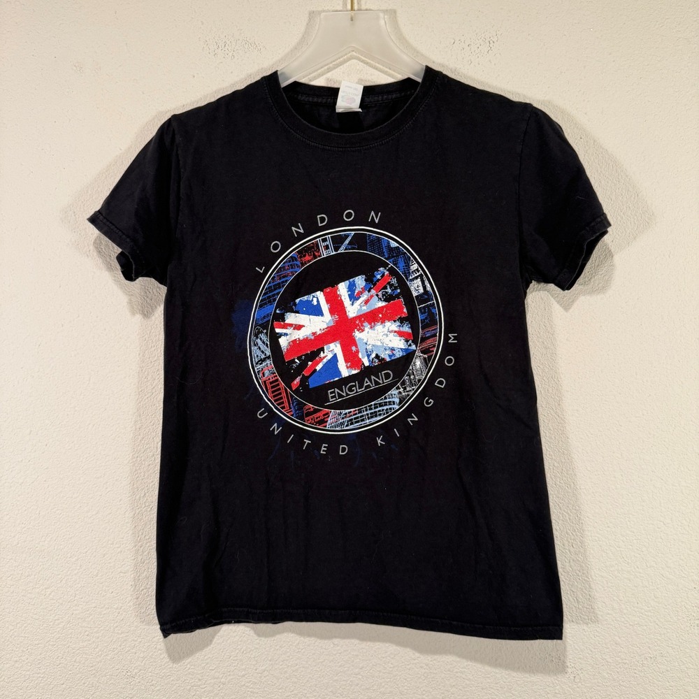 Fruit of the Loom London England Union Jack Graphic T-Shirt Black‎ Small UK Flag